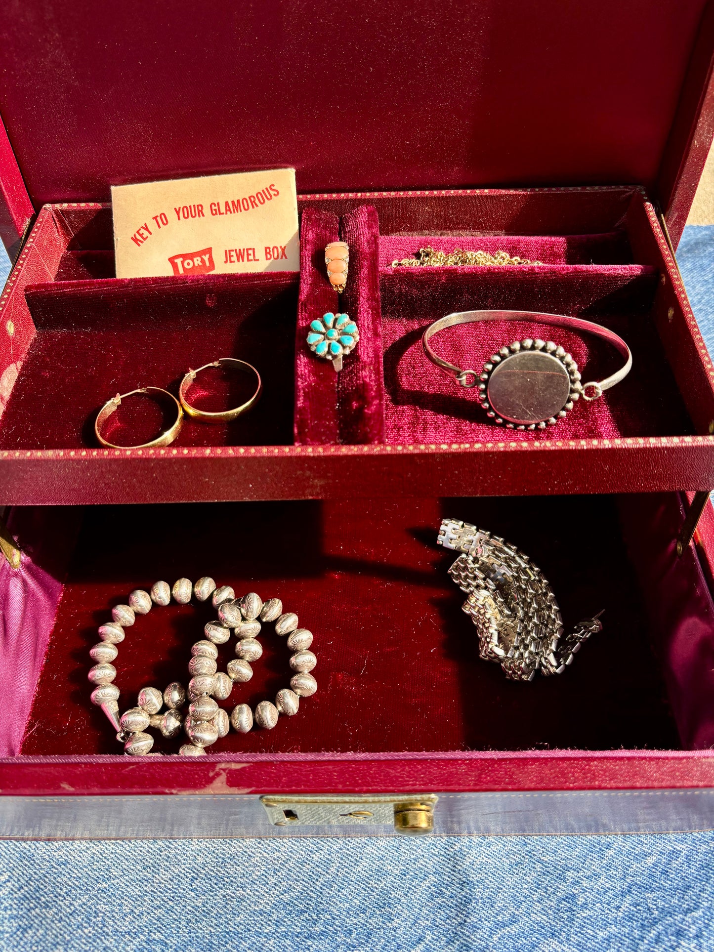 Vintage Burgundy Jewelry Box (with key!!)