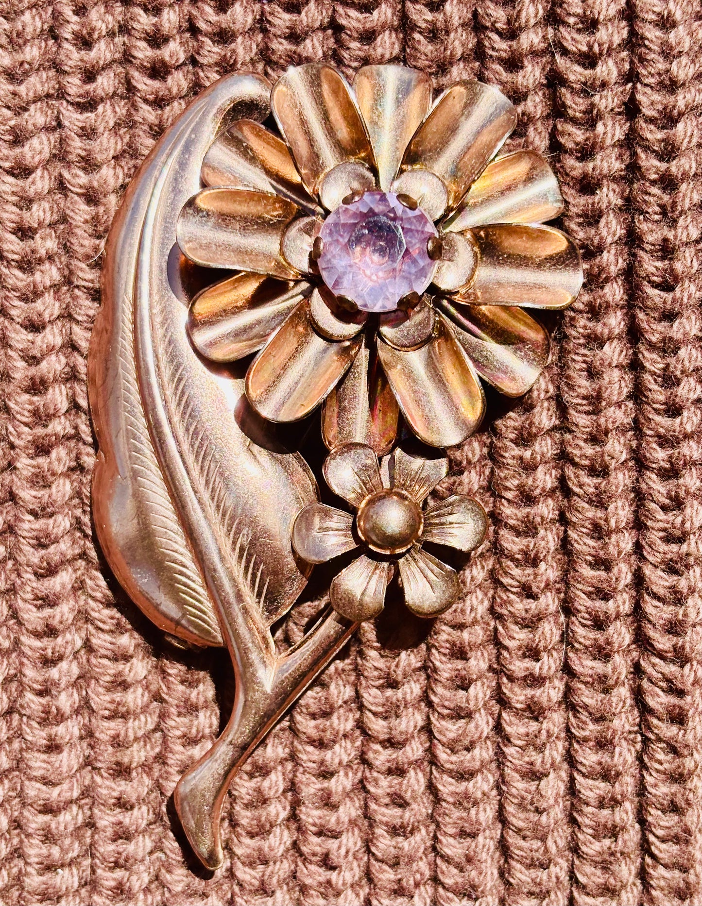 Vintage copper brooch with lavender center