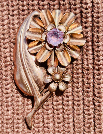 Vintage copper brooch with lavender center